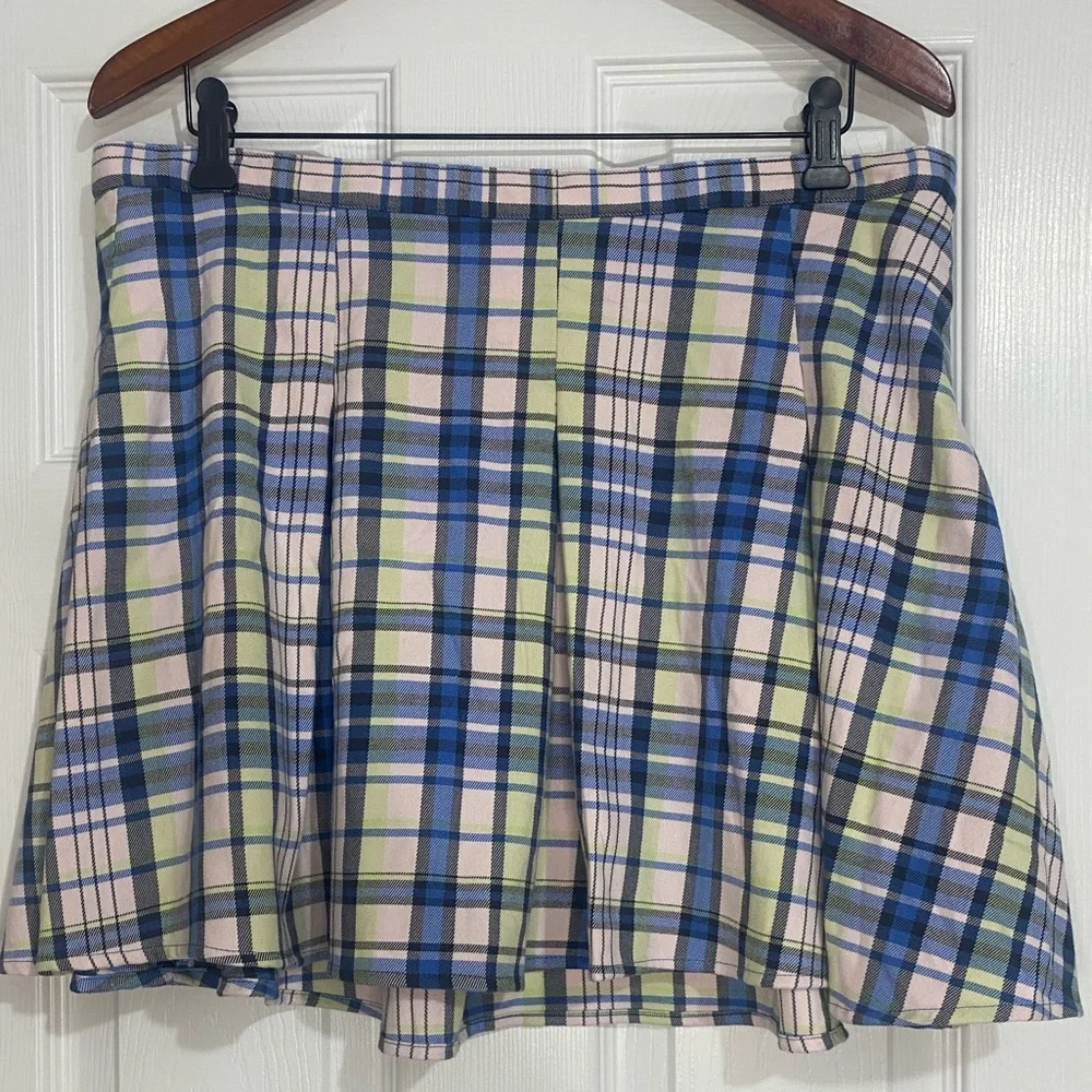 NWT SO Juniors High Rise Pleated Mini Skirt Navy Pink Plaid Pastel Sz 17 Preppy